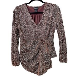 Nicole Miller Peplum Top Long Sleeve V Neck Rust Brown with Cream Size:Small.